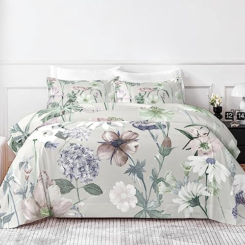 HCORA Floral Queen Sheet Set, Luxury 1800TC Hotel Quality Double Brushed Microfiber Deep Pocket Bed Sheets, Ultra Soft, Breathable and Cooling, 4PC, Queen Size