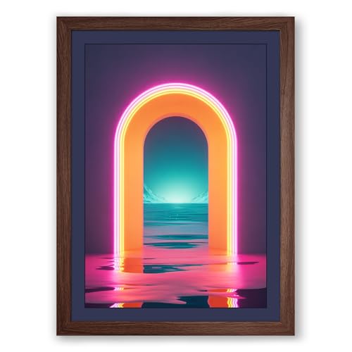 Neon Portal to Ocean Modern Framed Wall Art Print A4 (29.7×21cm) Walnut, Wall Decor for Living Room, Bedroom, Office & Home, Ready to Hang, Art Gift