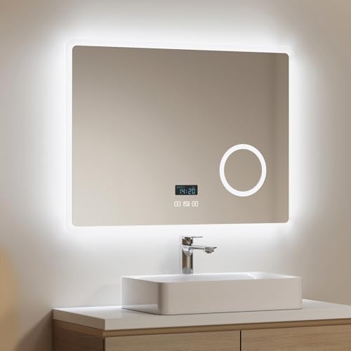 EMKE Bluetooth Bathroom Mirror with LED Lights 800 x 600mm, LED Bathroom Mirror with Bluetooth Speaker - Heated Demister Pad - Dimming Function - 3x Magnifier Illuminated Makeup Mirror