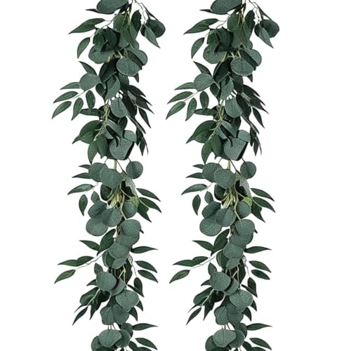 RECUTMS 2Pack Artificial Eucalyptus Garland with Willow Leaves 6.5Ft Fake Silk Hanging Plant Ivy Faux Greenery Green Leaf Rattan for Indoor Outdoor Wedding Party Home Table Arch Fence Patio Decor