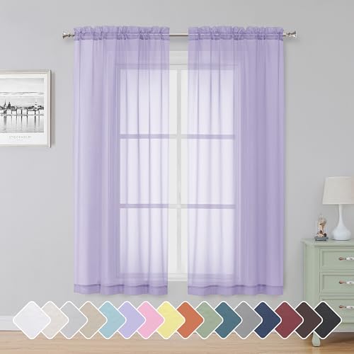 "Simplebrand Lavender Sheer Curtains 63 Inch Length 2 Panels, Rod Pocket Solid Color Window Sheer Curtain Panels, Elegant Curtains & Drapes for Living Room, Bedroom 2 Panels (42"" W x 63"" L)"