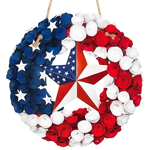 4th of July Hanging Door Sign, Independence Day Decorations American Rustic Wooden Plaque with Rope, Wood American Flag for Front Door Porch Wall Window Decor (Wreath Style)