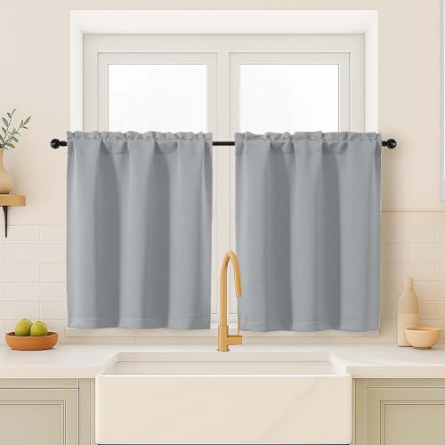 OVZME Silver Grey Blackout Curtains for Small Window Treatment, Light Blocking Short Kitchen Window Curtains Over Sink, Dual Rod Pocket Half Window Tiers for Bathroom Basement, 2x40Wx36L Inches