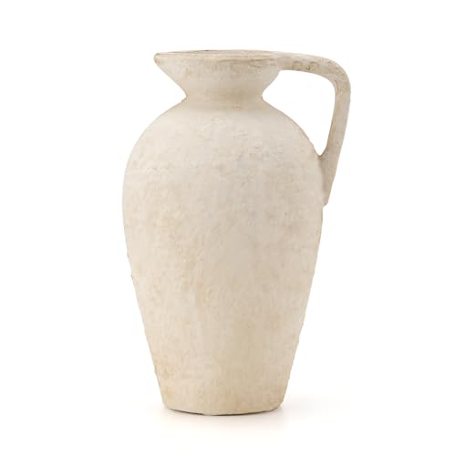 Luka LUKA Ceramic Rustic Farmhouse Vase,9.25 inch Terracotta Vase with Handle,Neutral Tall Clay Vases Decorative Vase for Living Room,Table,Shelf Decor(Off-White,L)
