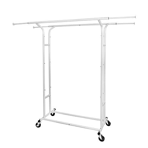 Fishat White Double Rod Garment Rack for Hanging Clothes, Rolling Clothes Organizer on Commercial Metal with Lockable Wheels Mobile Design for Coats Dresses