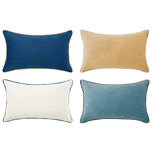 MONDAY MOOSE Decorative Throw Pillow Covers Cushion Cases, Set of 4 Soft Velvet Modern Double-Sided Designs, Mix and Match for Home Decor, Pillow Inserts Not Included (12x20 inch, Blue/Beige)