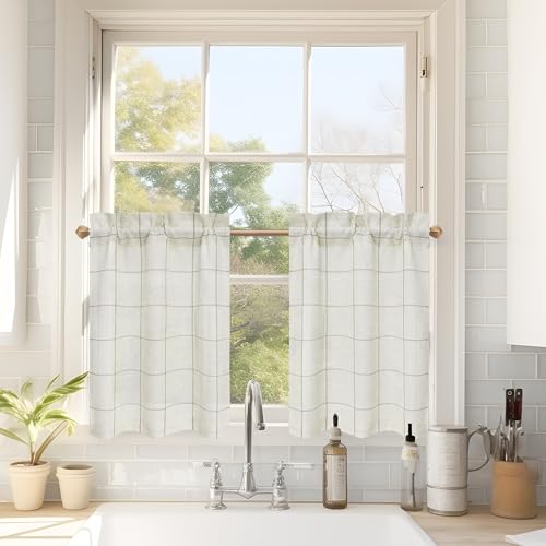DriftAway Kitchen Curtains Striped Tier Linen Short Curtains Windowpane Plaid Cafe 24 Inch Length for Living Room Bathroom Chris Farmhouse Rustic Rod Pocket 2 Panels Taupe