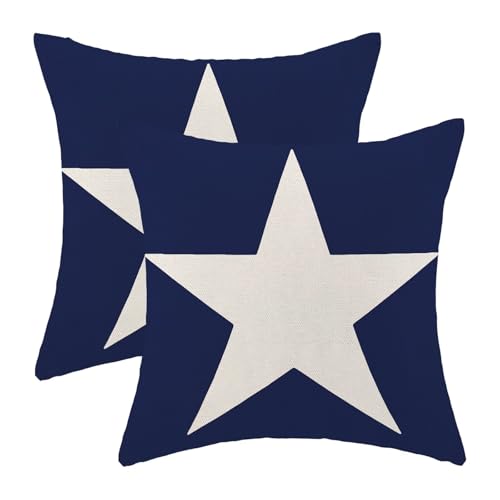 BETGINY 4th of July Pillow Covers 16x16 Inch Set of 2, Memorial Day Independence Day Blue Star Decorations Throw Pillow Covers Linen Farmhouse Patriotic Cushion Case for Couch Sofa Home Outdoor Decor