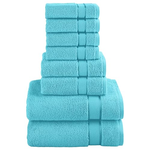 Elegant Comfort Premium Cotton 8-Piece Towel Set, Includes 4 Washcloths, 2 Hand Towels and 2 Bath Towels, 100% Turkish Cotton - Highly Absorbent and Super Soft Towels for Bathroom, Aqua