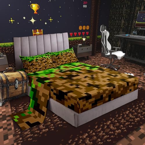 Castle Fairy Miners Style Square Grid Bed Sheets Twin Size,Brown Green Army Camo Bedding Set for Kids Boys Teens Men Room Decor,Cartoon Gamepad Modern Fitted Sheet Pixelated Games Top Flat Sheet 3Pcs