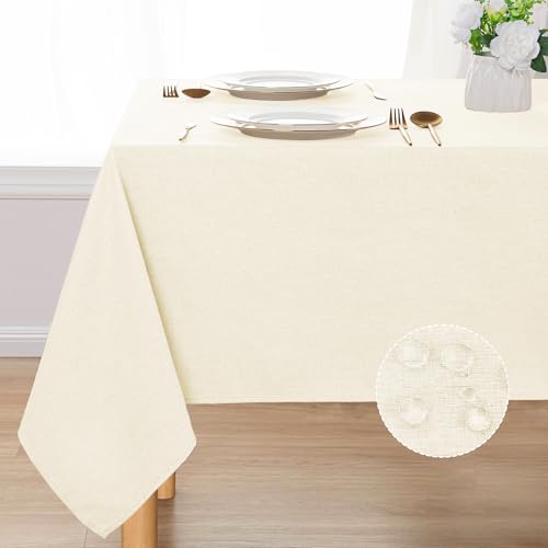 DWCN Rectangle Faux Linen Tablecloth - Textured Waterproof Spill-Proof Wrinkle and Stain Resistant Table Cloth Decorative Fabric Farmhouse Table Cover for Kitchen Dining Party, 60 x 84 Inch, Champagne