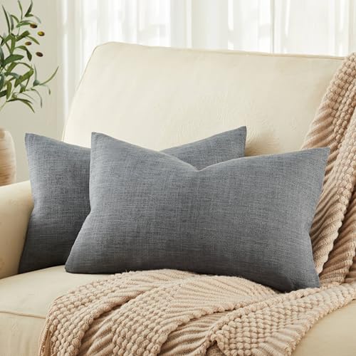 ZeeMart Rustic Linen Lumbar Pillow Covers Set of 2, Dark Grey 12x20in - Textured Pillow Case, Rustic Cotton Linen Fabric, Modern Farmhouse Cushion Covers for Sofa Bed Living Room Home Decor