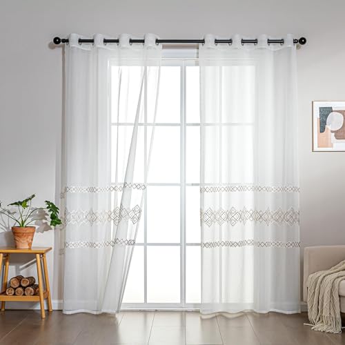 SLEEP ZONE Sheer Curtains for Living Room and Bedroom, Embroidered Sheer Curtains White Sheer Curtain 42 ?? 63 inch Length of 2 Panels, Off-White Lattice