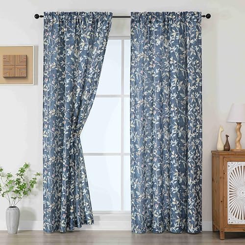 Chyhomenyc Linen Blend Window Curtains 63 Inch Length 2 Panels, Light Filtering Floral Printed Curtain Drapes for Living Room, Rod Pocket Soft Bedroom Curtain Panels, 38Wx63L Inch, Blue
