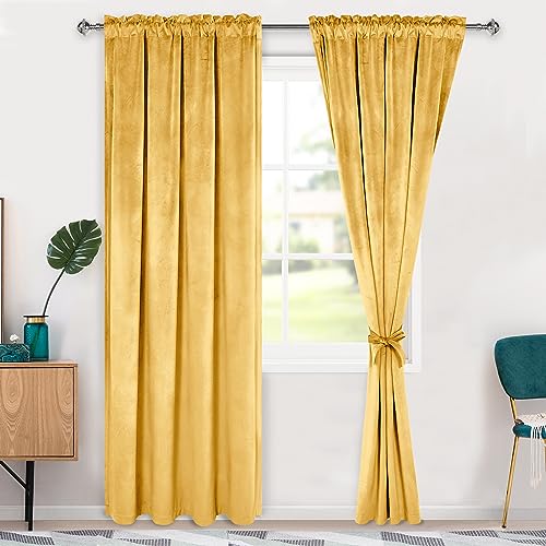 Privacy Hiasan Velvet Curtains 84 inches-Blackout Thermal Insulated Solid Soft Curtains for Bedroom Living Room Rod Pocket Room Darkening 2 Panels Window Drapes with Tiebacks, 42W x 84L, Yellow