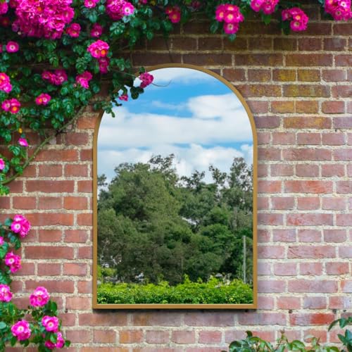 "The Arcus - Gold Metal Framed Arched Garden Wall Mirror 47"" X 31"" (120CM X 80CM). Suitable for Outside and Inside."
