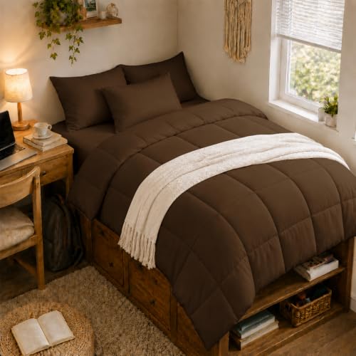 Anluoer Twin Comforter Set, 5 Piece Bed in a Bag Twin Bedding Sets - Solid Brown,Lightweight, OEKO-TEX Certified, Down Alternative Comforter, Breathable sheets & pillowcases,Kids Room