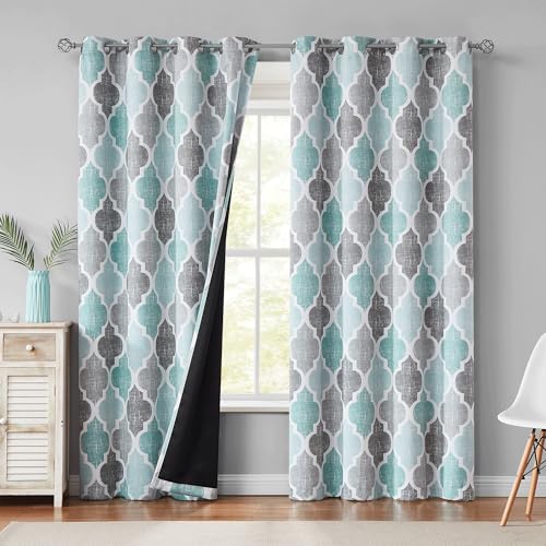 Beauoop Moroccan 100% Blackout Curtains Bedroom Aqua Grey 50x96 2 Panels - Geometric Room Darkening Drapes for Living Room 96 Inch Long Thermal Insulated Soundproof Lattice Window Treatment Grommet