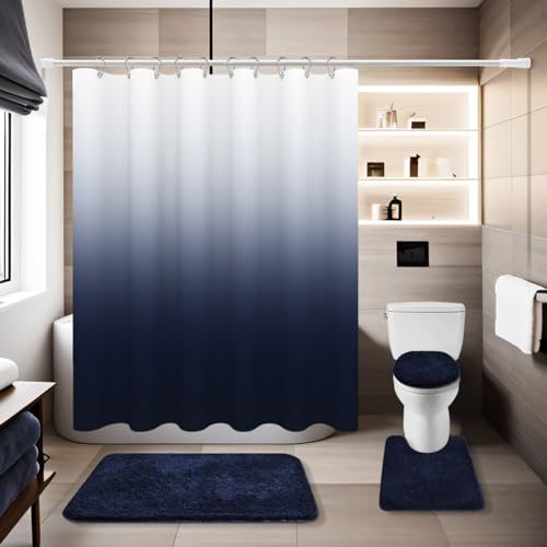 Baahrnom 4 Pcs Navy Blue Shower Curtain Sets with Rugs Solid Bathroom Sets with Shower Curtain and Rugs and Adjustable Toilet Lid Cover for Luxury Bathroom Decor