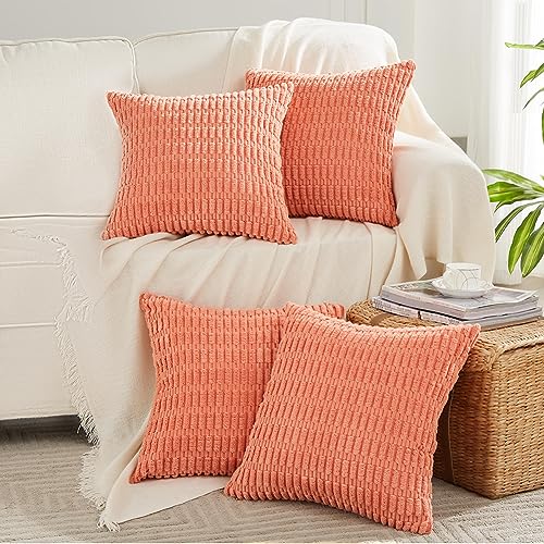 Fancy Homi 4 Packs Boho Coral Decorative Throw Pillow Covers 18x18 Inch for Living Room Couch Bed Sofa, Rustic Modern Farmhouse Home Decor, Soft Plush Corduroy Cute Square Peach Cushion Case 45x45 cm