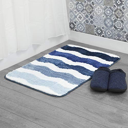 Blue Microfibre Soft Tufted Waves Design Bath Mat Rug Non-Slip Back 40x60cm