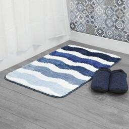Blue Microfibre Soft Tufted Waves Design Bath Mat Rug Non-Slip Back 40x60cm