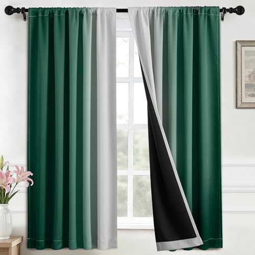 Yakamok 100% Blackout Curtains 63 inches Long, Room Darkening Dark Green and Greyish White Curtains Ombre for Bedroom,Gradient Rod Pocket Window Curtains for Living Room,2 Panels,52x63 inch