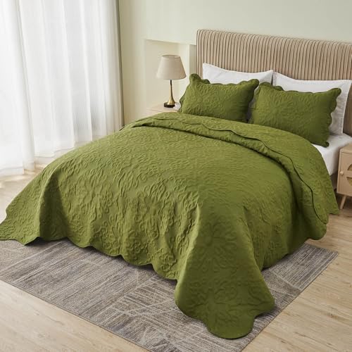 Kingnex Oversized King Bedspreads 128x120 for Tall Bed Lightweight 3 Piece Coverlet Set 1 Extra Wide Quilt 2 Pillow Shams Olive Green