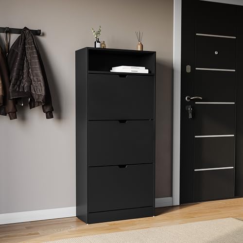 Vida Designs 3 Drawer Shoe Cabinet with Shelf - Black -Slim Space-Saving Storage for 15+ Pairs - 132H x 60W x 24D cm - Anti-Tip - Modern Hallway Unit