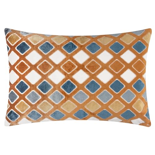 furn. Metro Diamond Feather Filled Cushion – Geometric Velvet Jacquard Decorative Pillow (Ginger – 35x50cm)