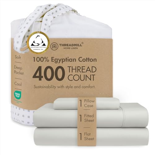 Threadmill Home Linen Certified 100% Egyptian Cotton 400 Thread Count, Twin-XL, 3 Piece Sateen Weave Light Grey Sheet Set, Comfy, Solid Bedsheets with Elasticized Deep Pocket