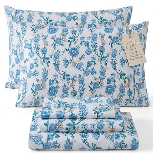 HLC.ME Ditsy Printed Floral Bed Sheets - 4 Piece Patterned Bed Sheet Set - Wrinkle Resistant & Ultra Soft - Fits Mattresses up to 15 Inches Deep (Queen, Blue)
