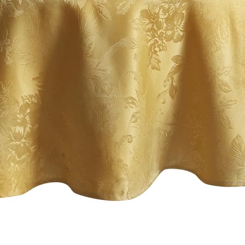 "Elrene Home Fashions Poinsettia Elegance Jacquard Christmas/Holiday Waterproof Stain Resistant Dining Tablecloth, 90""X90"" Round, Gold"