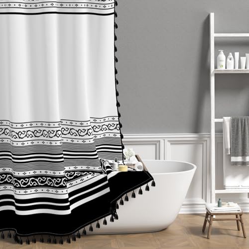 dnldliq Boho Shower Curtain, Modern Stripe Bath Curtain Set with Tassels, Black and White Geometric Waterproof Curtain with Hooks 70x70 Inch