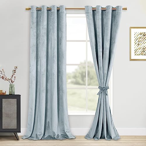 DWCN Velvet Curtains - Extra Long Thick Grommet Tieable Window Treatments Room Darkening Privacy Protect Blackout Drapes for Bedroom Living Room Home Decor, Stone Blue, W52 x L120, 2 Panels