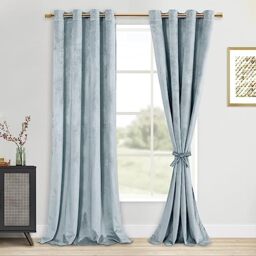DWCN Velvet Curtains - Extra Long Thick Grommet Tieable Window Treatments Room Darkening Privacy Protect Blackout Drapes for Bedroom Living Room Home Decor, Stone Blue, W52 x L120, 2 Panels