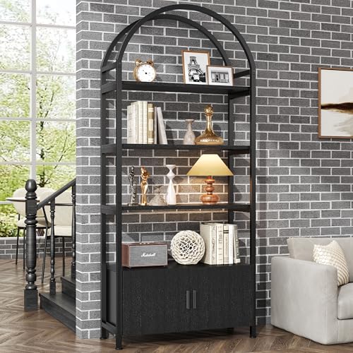Feonase Arched Book Shelf, Bookcase with Doors Storage, 180cm Tall Bookshelf with Sturdy Metal Frame, E1 Quality Boards, Freestanding Display Shelving Unit Living Room, (Black)