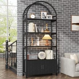 Feonase Arched Book Shelf, Bookcase with Doors Storage, 180cm Tall Bookshelf with Sturdy Metal Frame, E1 Quality Boards, Freestanding Display Shelving Unit Living Room, (Black)