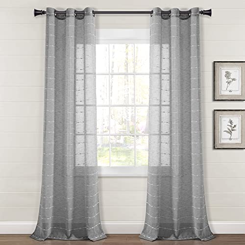 "Lush Decor Farmhouse Textured Grommet Sheer Window Curtain Panel Pair, 84"" L x 38"" W, Dark Gray"