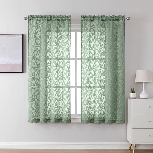 "Lecloud Leia Sage Green Sheer Curtains 45 Inch Length 2 Panels, Elegant Balance Light & Privacy Jacquard Textured Leaf Voile Curtains, Dual Rod Pockets Drapes for Bedroom Living Room, 30"" W x 45"" L"