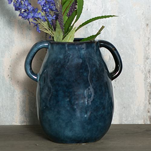 Tanvecle Blue Ceramic Vase With 2 Handles, Modern Farmhouse for Home Decor, Rustic Terracotta, Decorative Pottery Flower, Clay Small Centerpieces for Dining Table - 7 Inch Tall