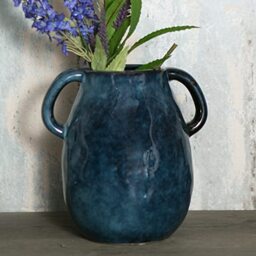 Tanvecle Blue Ceramic Vase With 2 Handles, Modern Farmhouse for Home Decor, Rustic Terracotta, Decorative Pottery Flower, Clay Small Centerpieces for Dining Table - 7 Inch Tall