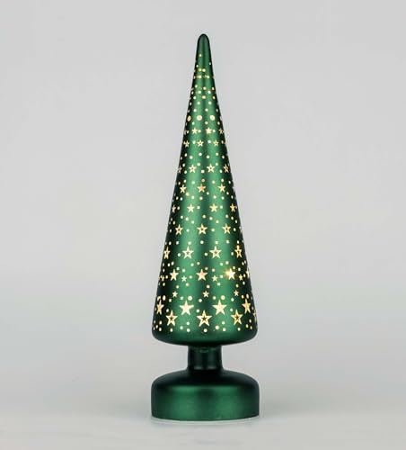 SHATCHI 32cm Christmas Decorated Xmas Tree Green Table Lamp Etched Glass LED Fairy Lights Battery Operated Table Decoration