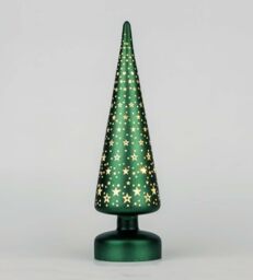 SHATCHI 32cm Christmas Decorated Xmas Tree Green Table Lamp Etched Glass LED Fairy Lights Battery Operated Table Decoration