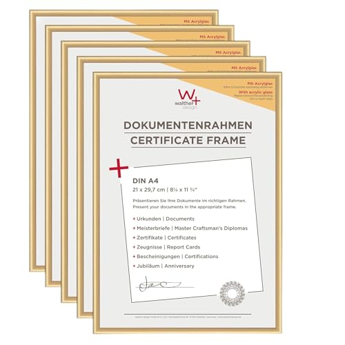 walther Design Picture Frame Gold 21 x 29,7 cm (DIN A4) with Art Glass 5-Pack, New Lifestyle Plastic Frame KVX130G5