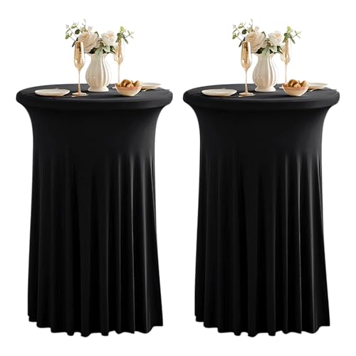 Dimatic 2 Pack Black High Top Cocktail Tablecloth Stretch Cocktail Table Cloth with Skirt Fitted 24 inch Round Spandex Table Cloths for Party Wedding Banquet Birthday