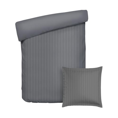 Pure Cotton 2-Piece Single Bed Linen – Duvet Cover 135 x 200 cm and Pillowcase 80 x 80 cm – 100% Cotton Sateen Woven Stripe Dobby, 80 Thread Count, 120 GSM – Oeko-TEX – Dobby – Dark Grey