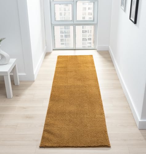 Rugs by Desire Comfy Washable Modern Living Room Rug Polyester Plain Indoor Area Rug with Low Pile - Anti-Slip Felt Backing SuperSoft Carpet Bedroom-Hallway, Gold, 60x200 cm