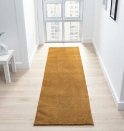 Rugs by Desire Comfy Washable Modern Living Room Rug Polyester Plain Indoor Area Rug with Low Pile - Anti-Slip Felt Backing SuperSoft Carpet Bedroom-Hallway, Gold, 60x200 cm
