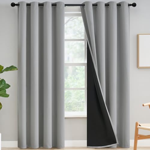 Grey Full Shade Curtain Panels, Thermal Insulated & Energy Efficiency Window Draperies for Guest Room, Full Blackout Curtains & Drapes for Shift Worker and Light Sleepers, W52 x L90 Inch, Light Grey